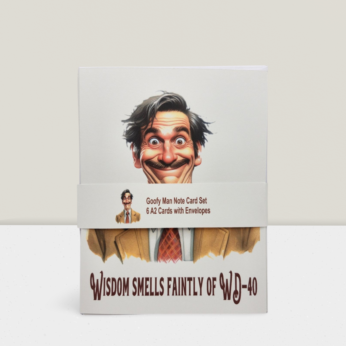Note card set with Goofy Man design and humorous text on a white background