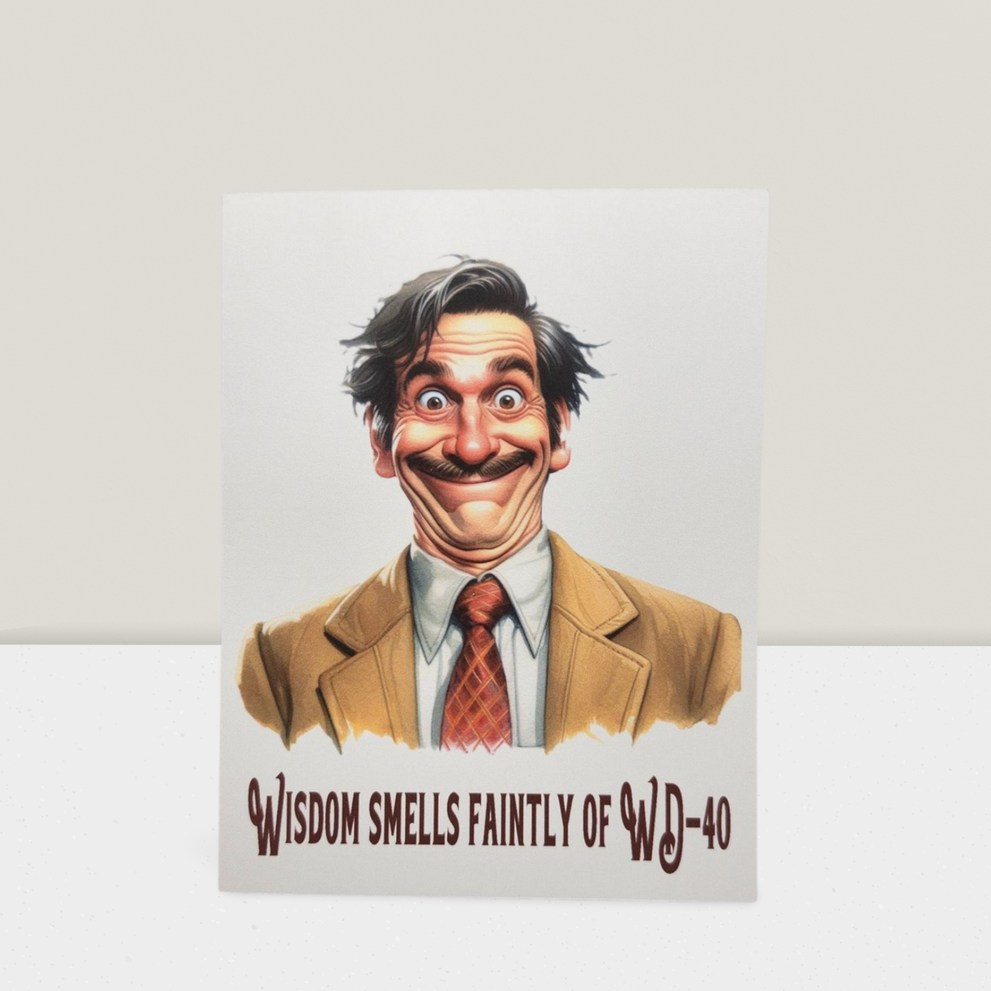 Cartoon character with a mustache and coat, with text 'Wisdom smells faintly of WD-40' on a light gray background.