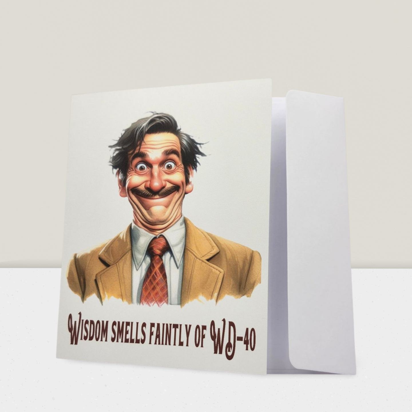 Greeting card with a humorous illustration of a man and text on a white background