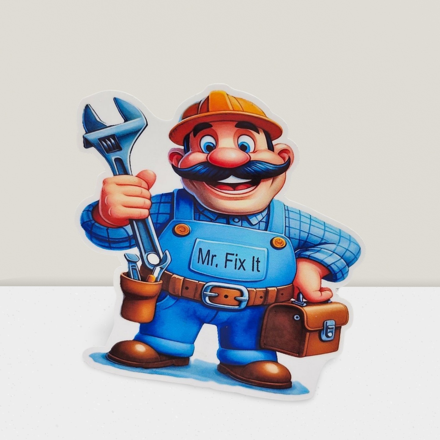 Cartoon character named 'Mr. Fix It' holding a wrench on a white background