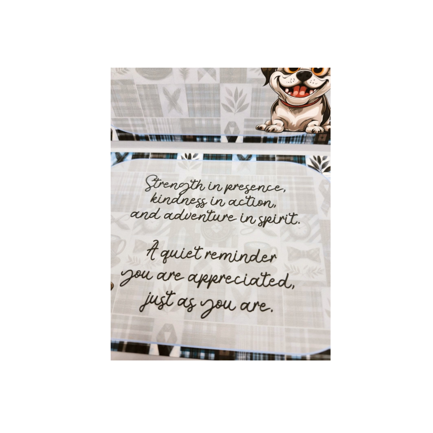 Product packaging with a dog illustration and motivational text on a white background