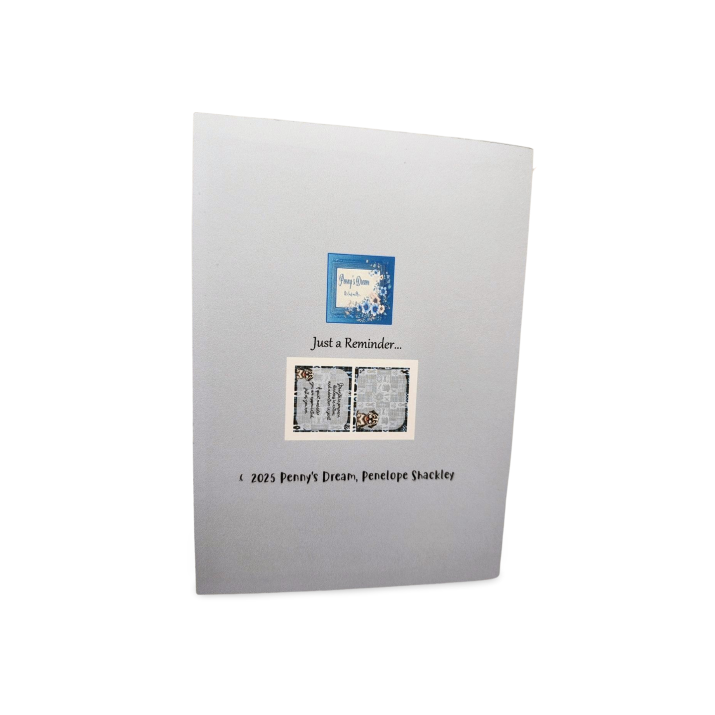 Gray book with a blue and white label on a white background