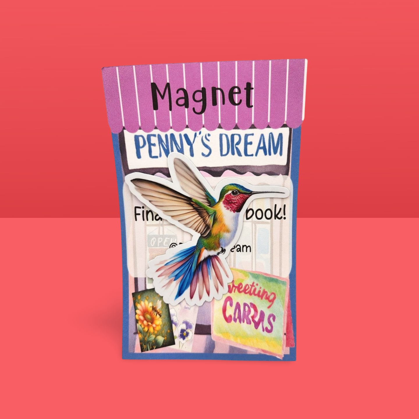 Magnet packaging with a colorful bird illustration on a red background