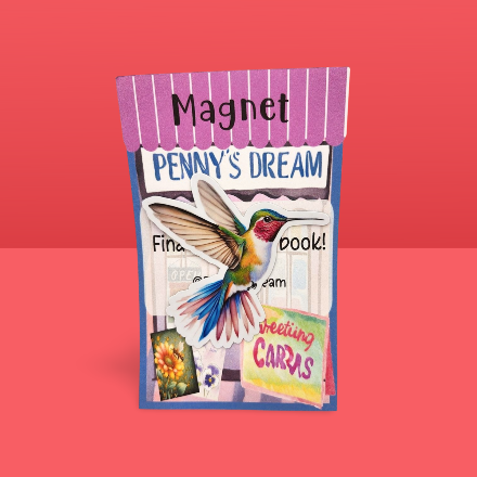 Magnet packaging with a colorful bird illustration on a red background