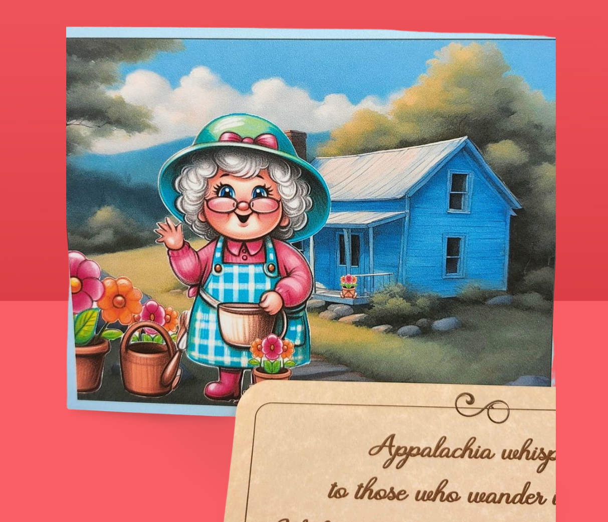 Cartoon character in a blue dress and hat standing in front of a blue house with flowers and a watering can.