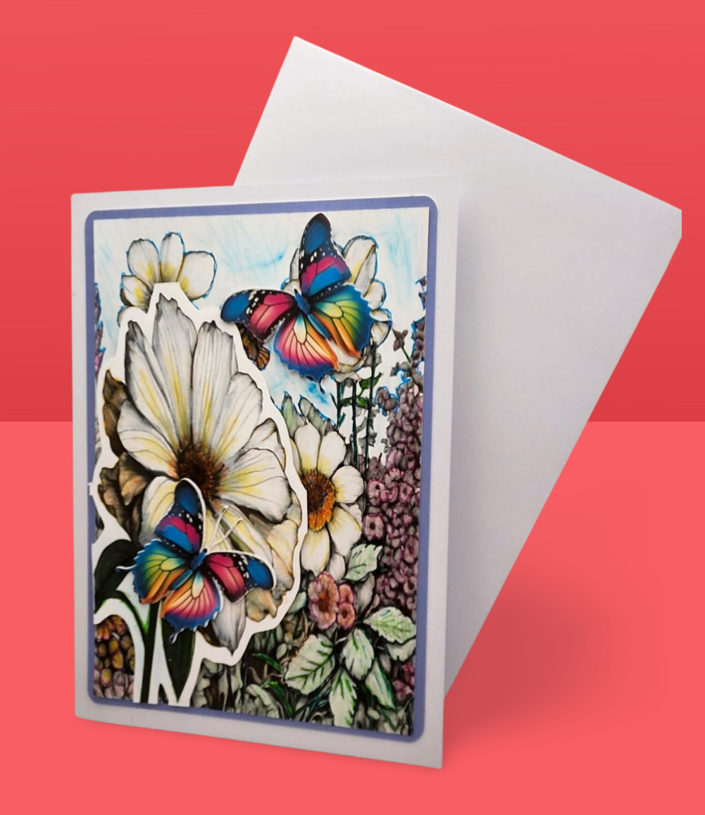 Greeting card with colorful butterflies and flowers on a red background