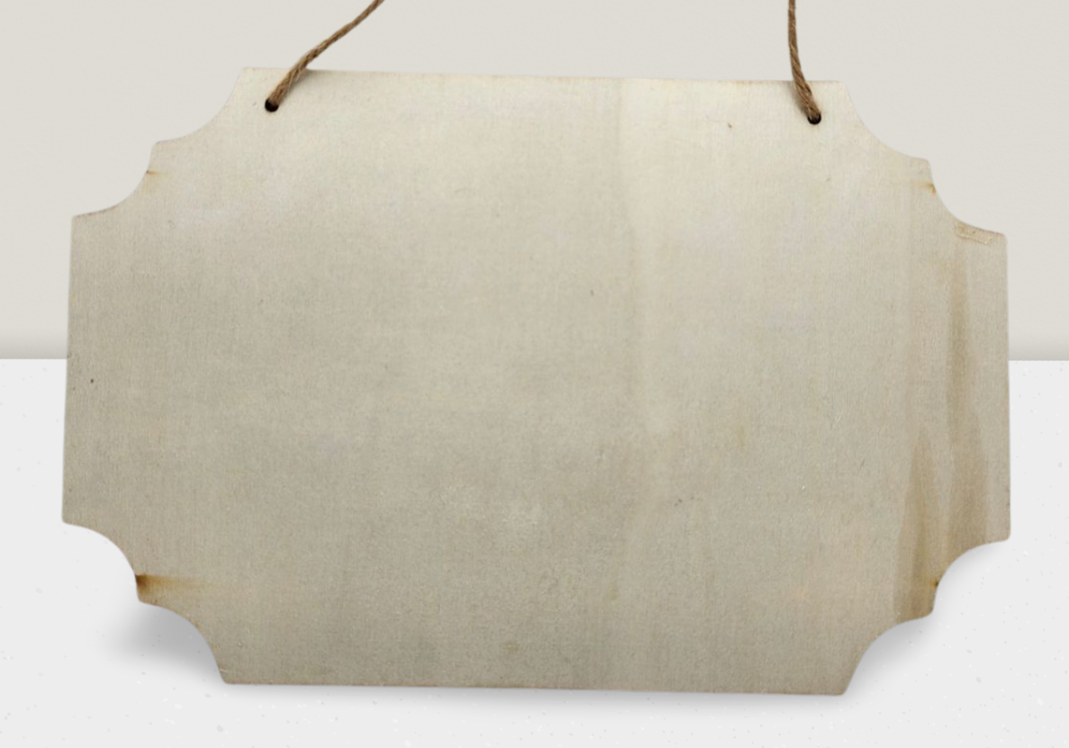 Beige wooden sign with a rope on a white background