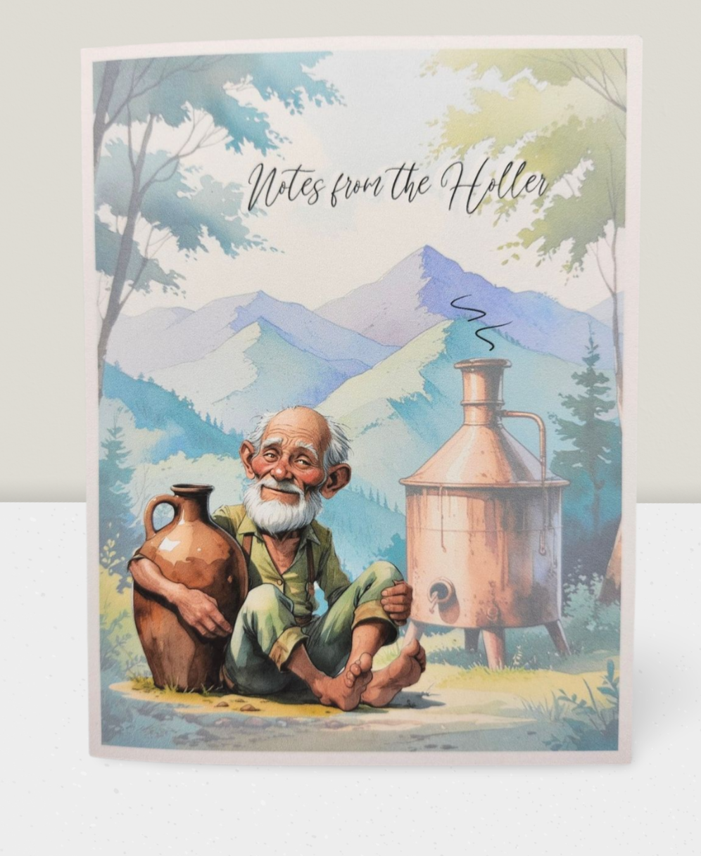 Illustration of an elderly man with a beard, holding a clay pot, sitting in a scenic mountainous area with 'Notes from the Hiller' text.