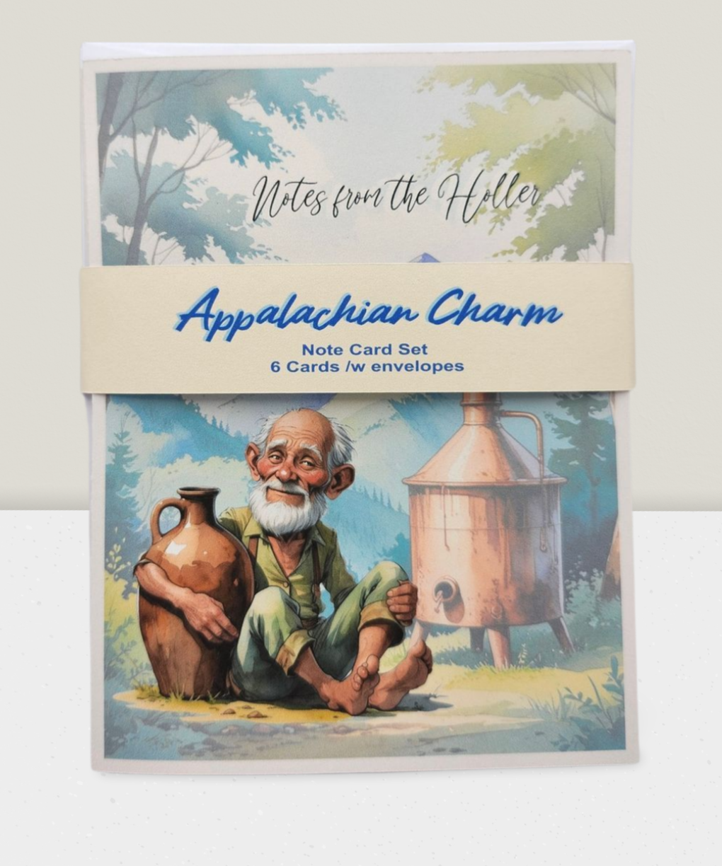 Note card set packaging with illustration of a man and still, titled 'Appalachian Charm'.