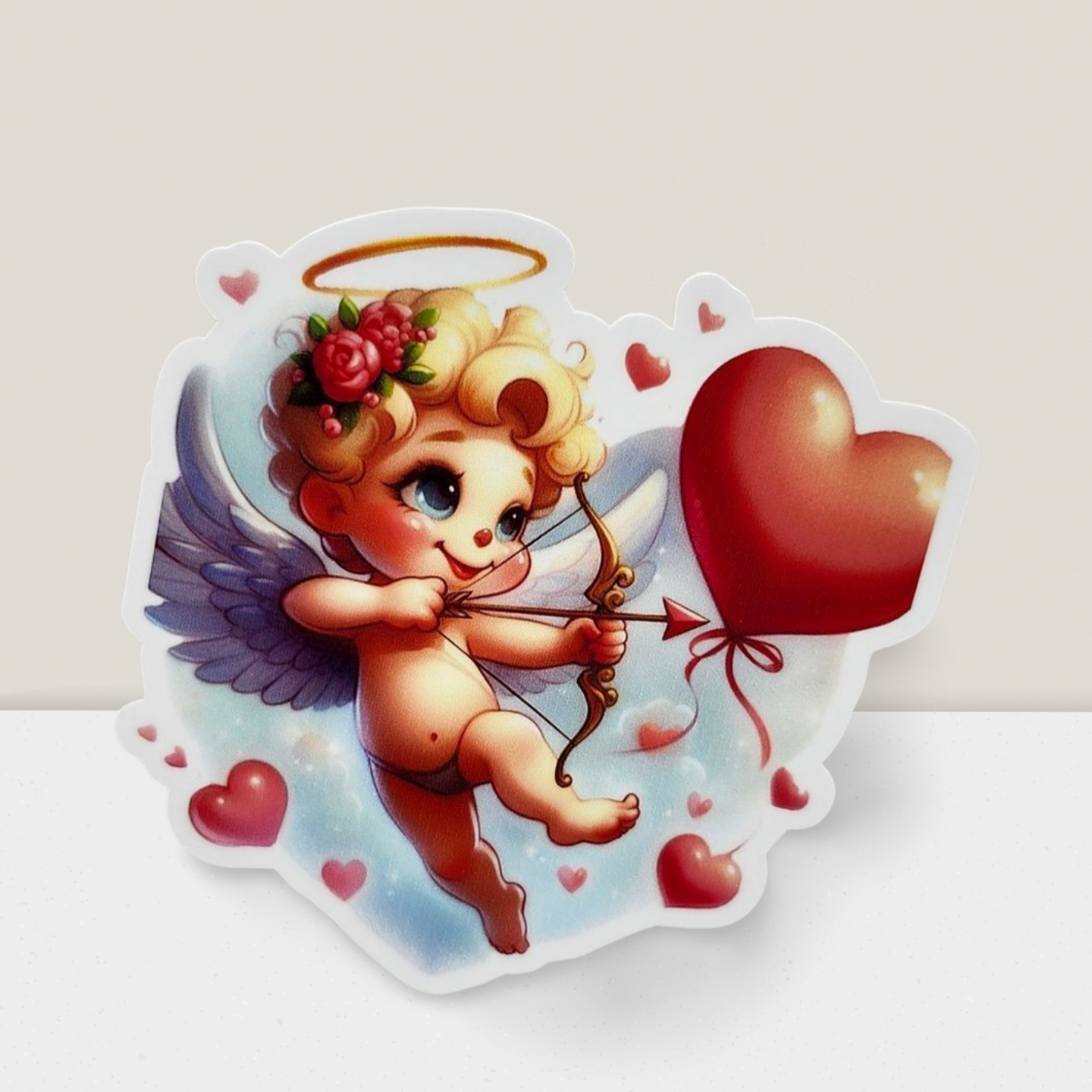 Cute cartoon cupid with a bow and heart on a light background