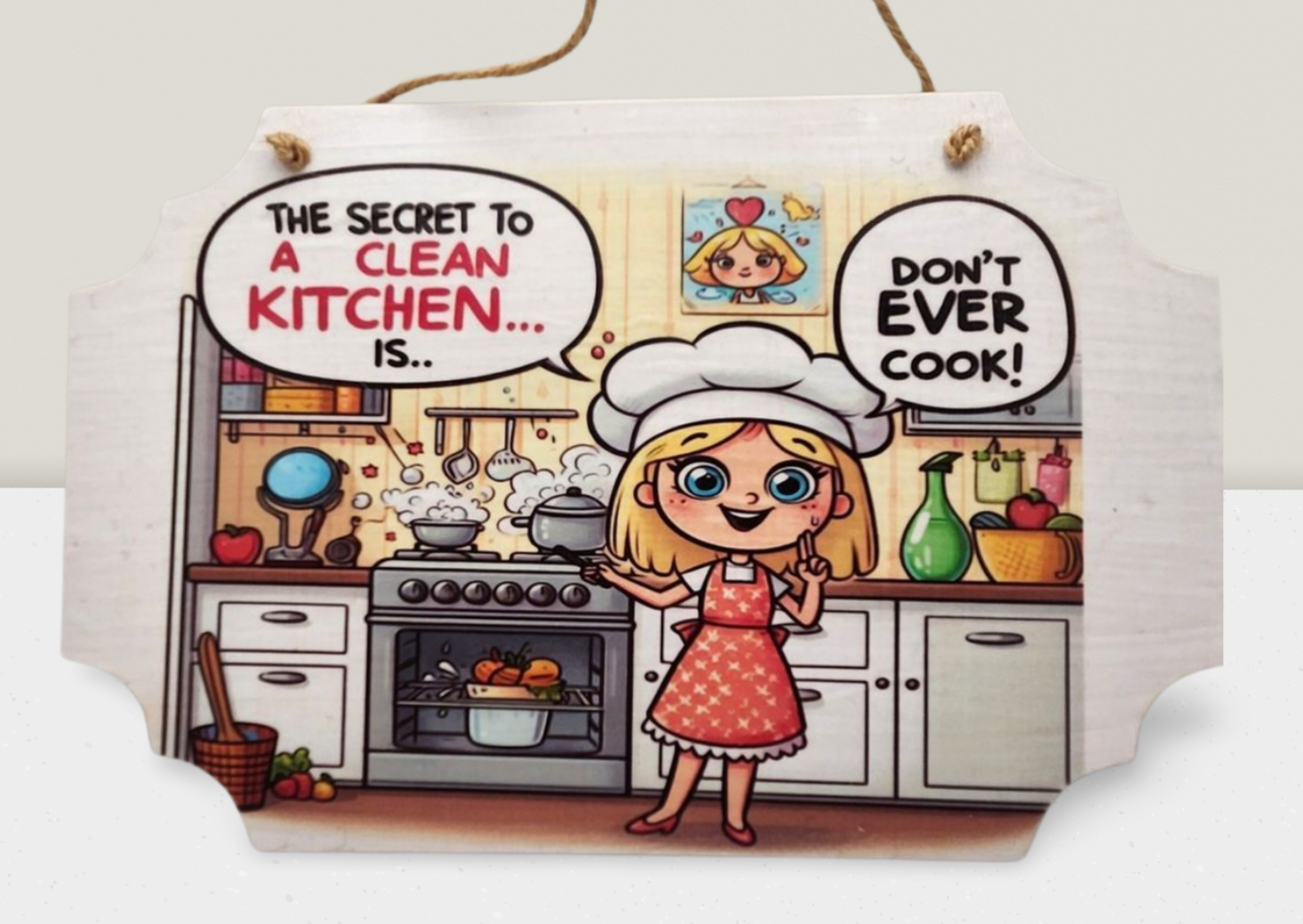 Cartoon character in a kitchen with humorous text about cooking and cleanliness.