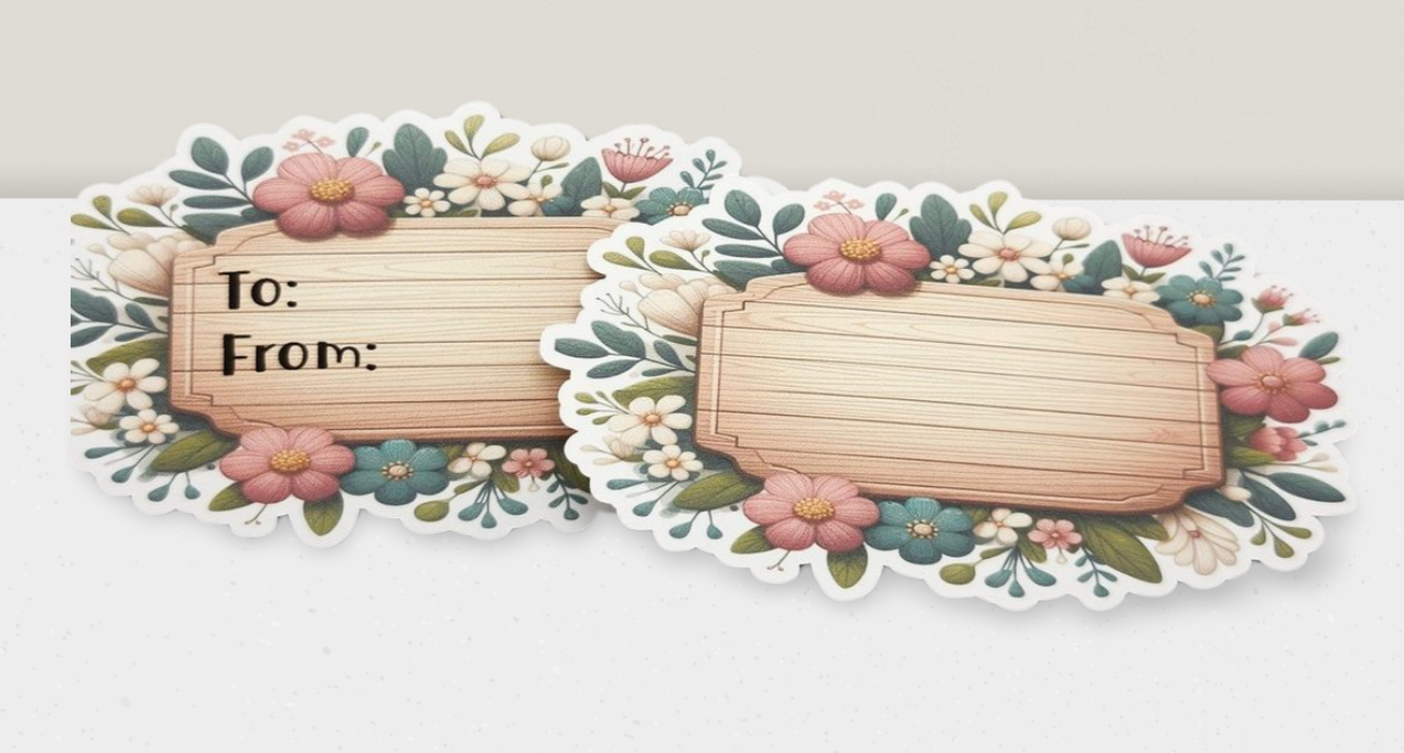 Decorative gift tags with floral designs on a white background