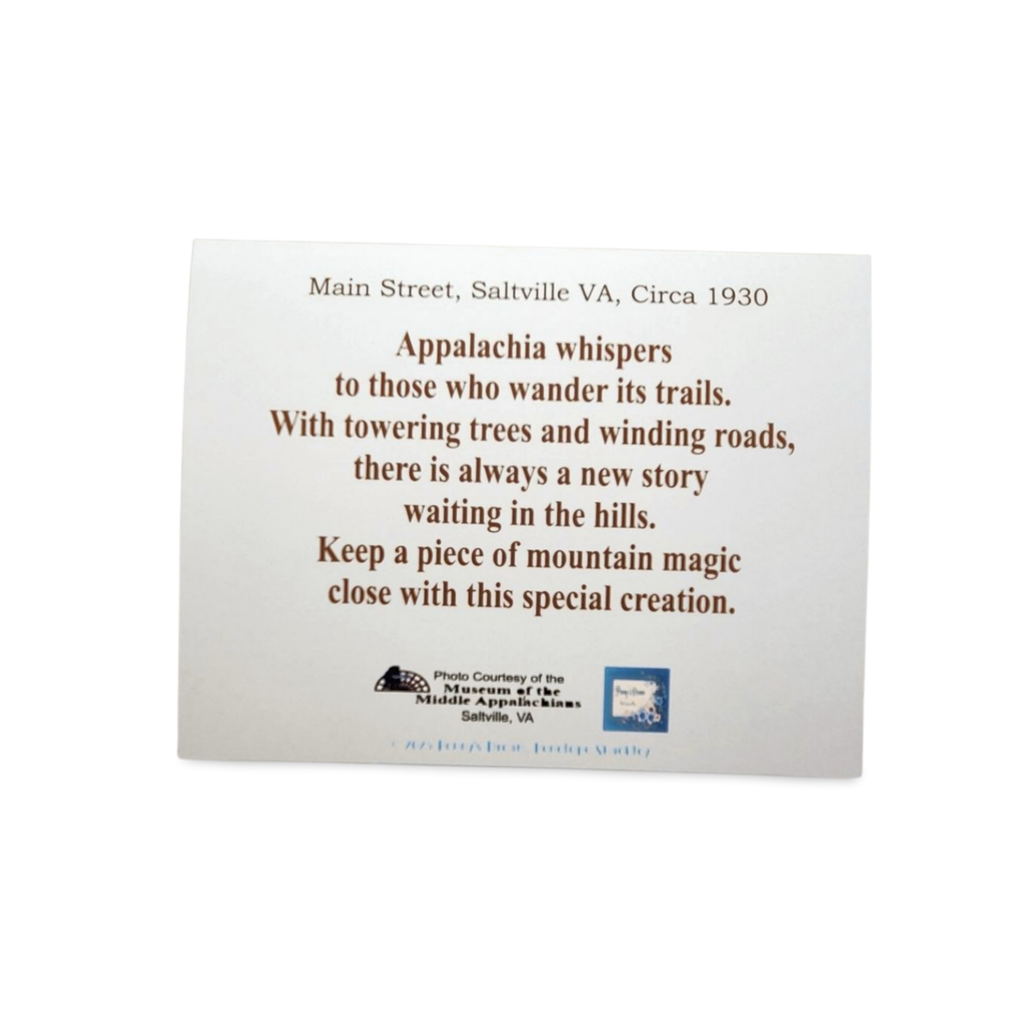 Card with text about Appalachia and a scenic view of mountains on a white background