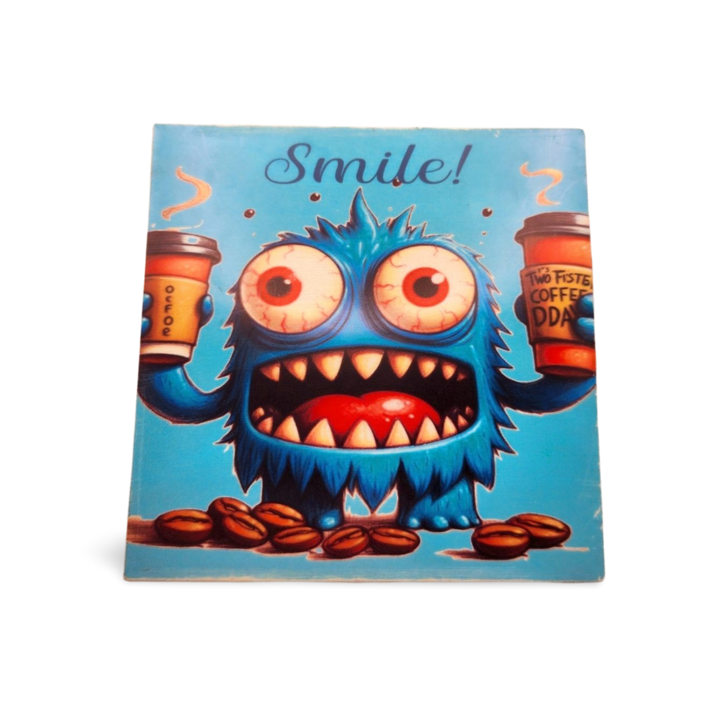 Book cover with a cartoon monster holding coffee cups and the word 'Smile!' on a blue background.