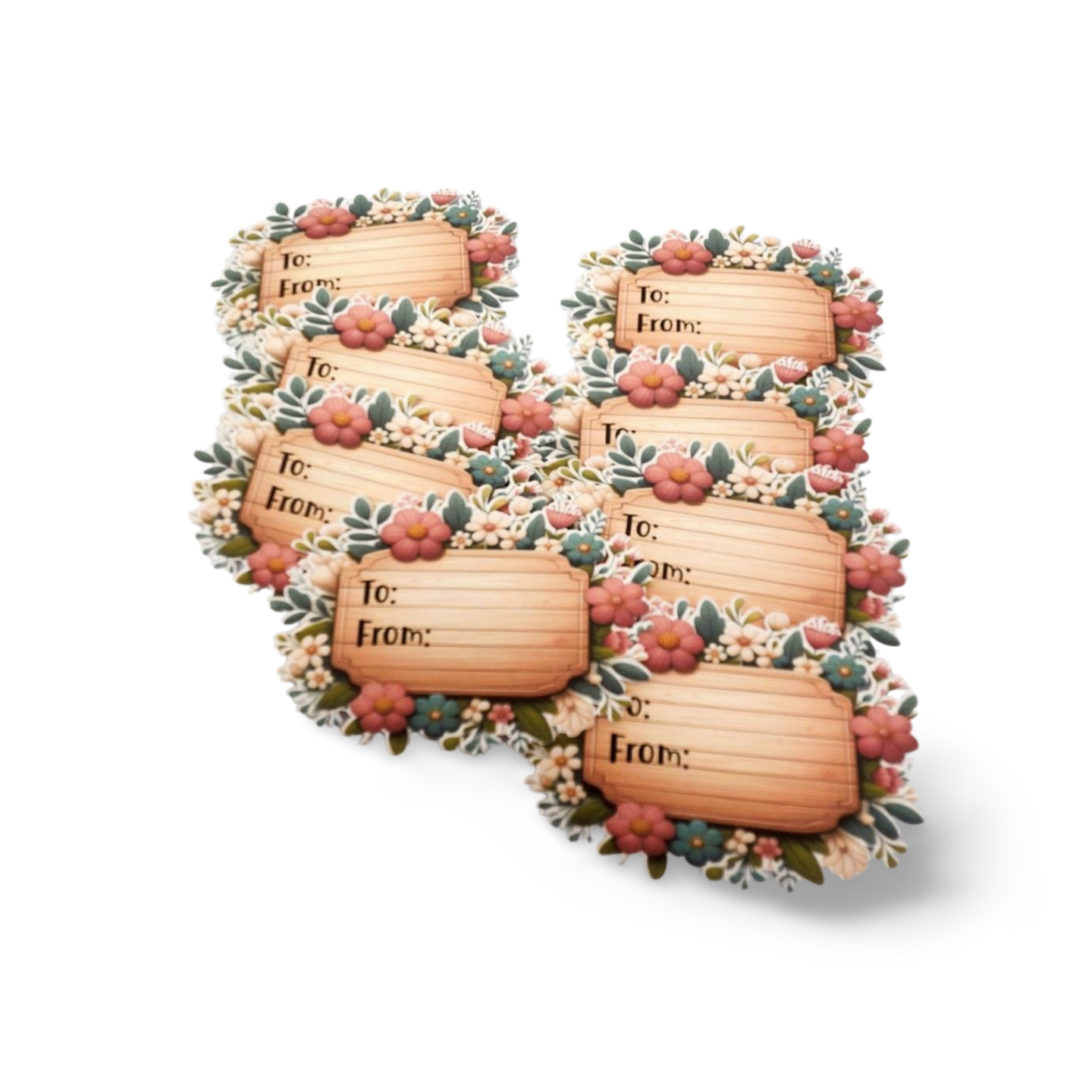 Decorative gift tags shaped like a number '6' with floral designs on a white background