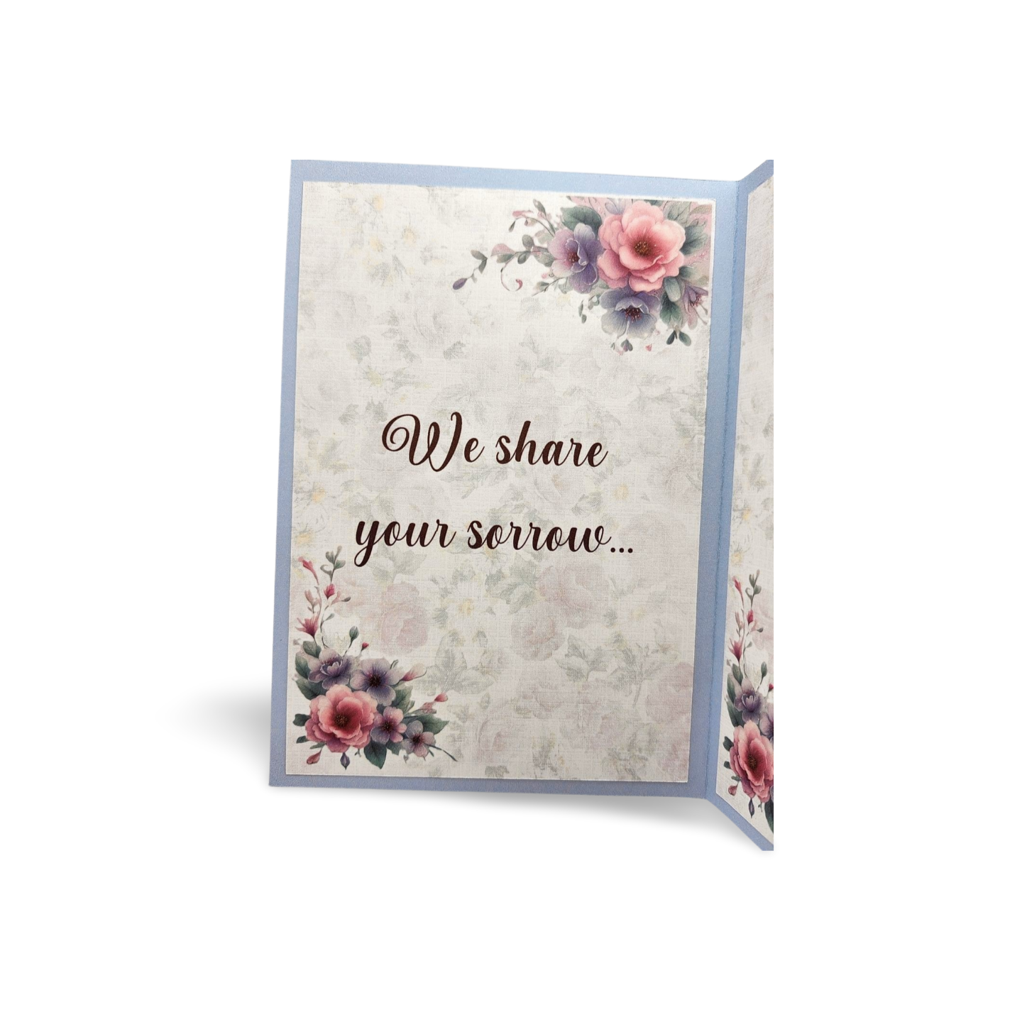 Greeting card with floral design and text 'We share your sorrow' on a white background