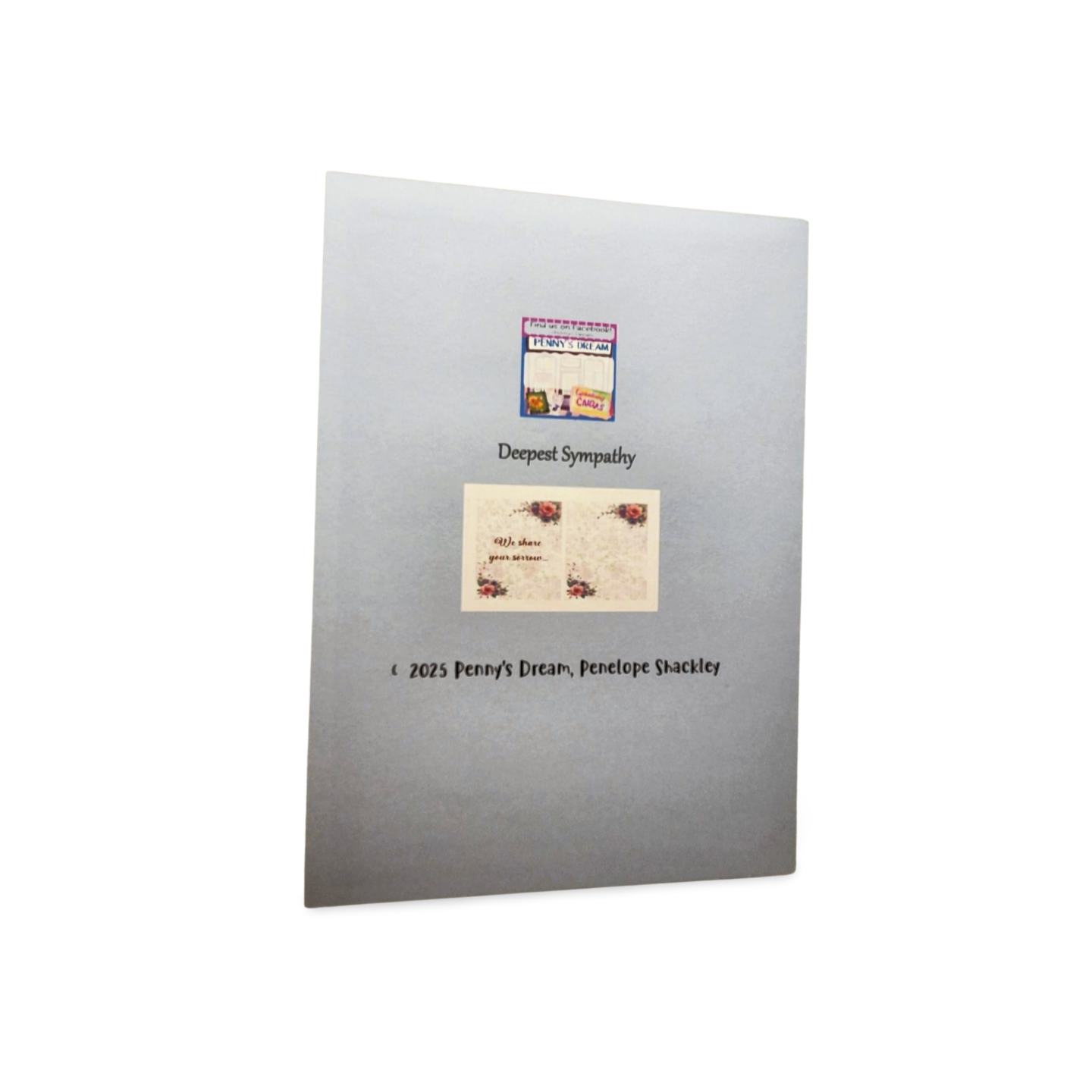 Gray funeral card with printed text and images on a white background
