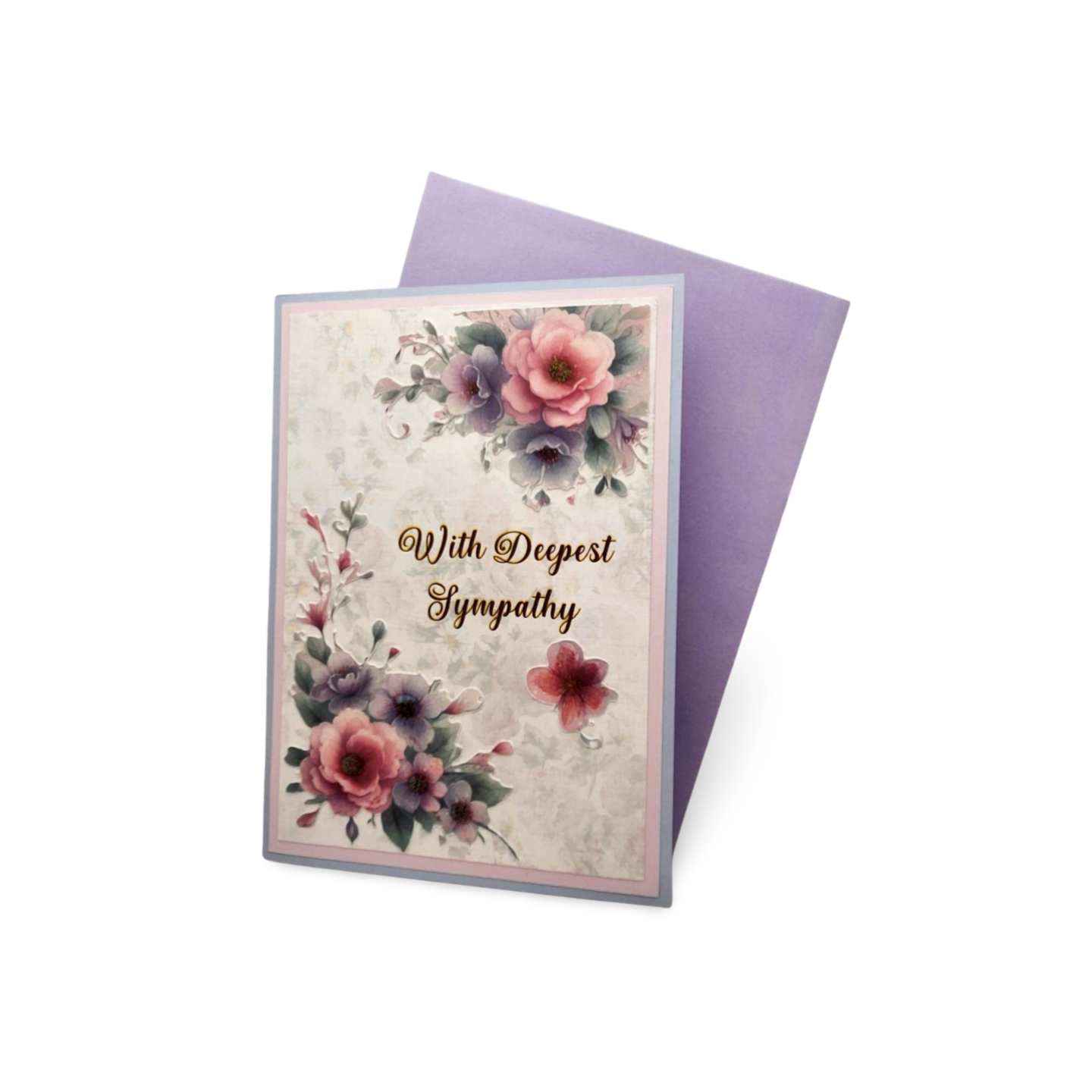 Sympathy card with floral design and 'With Deepest Sympathy' text on a white background
