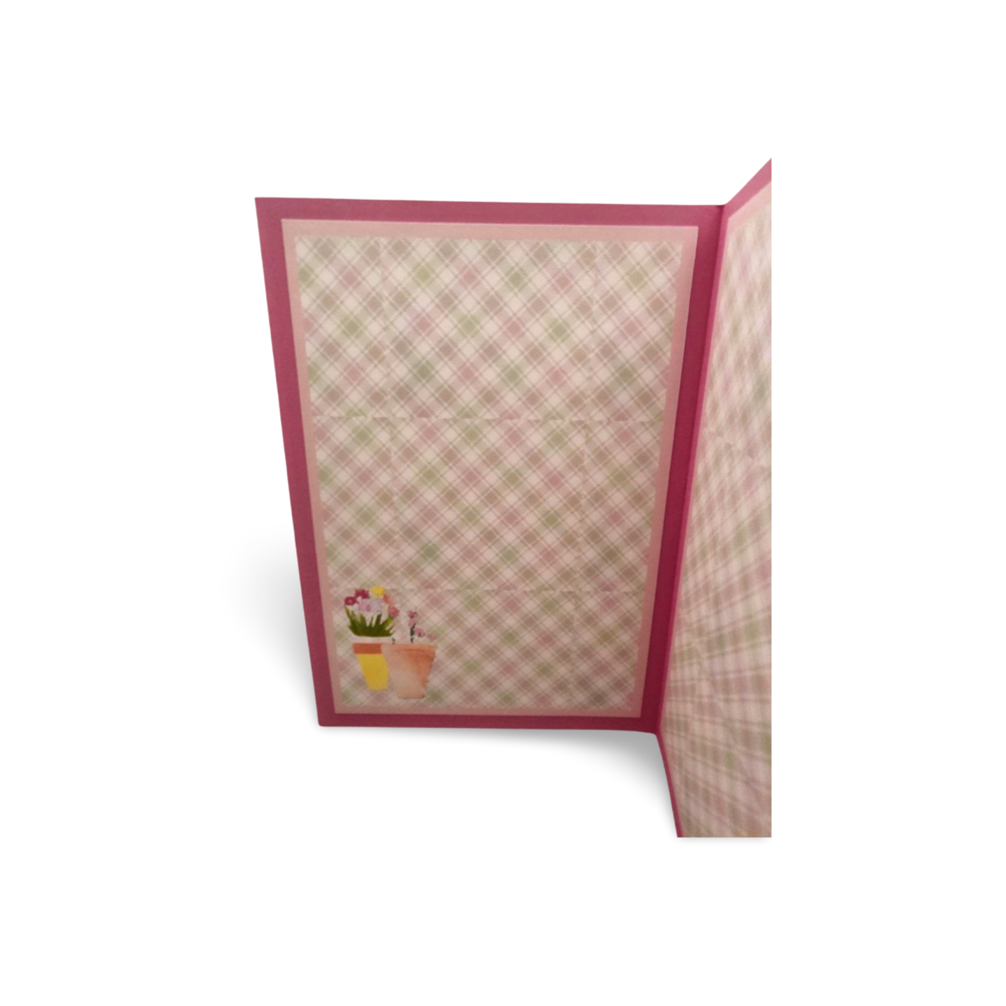 Greeting card with pink border and floral design on a white background