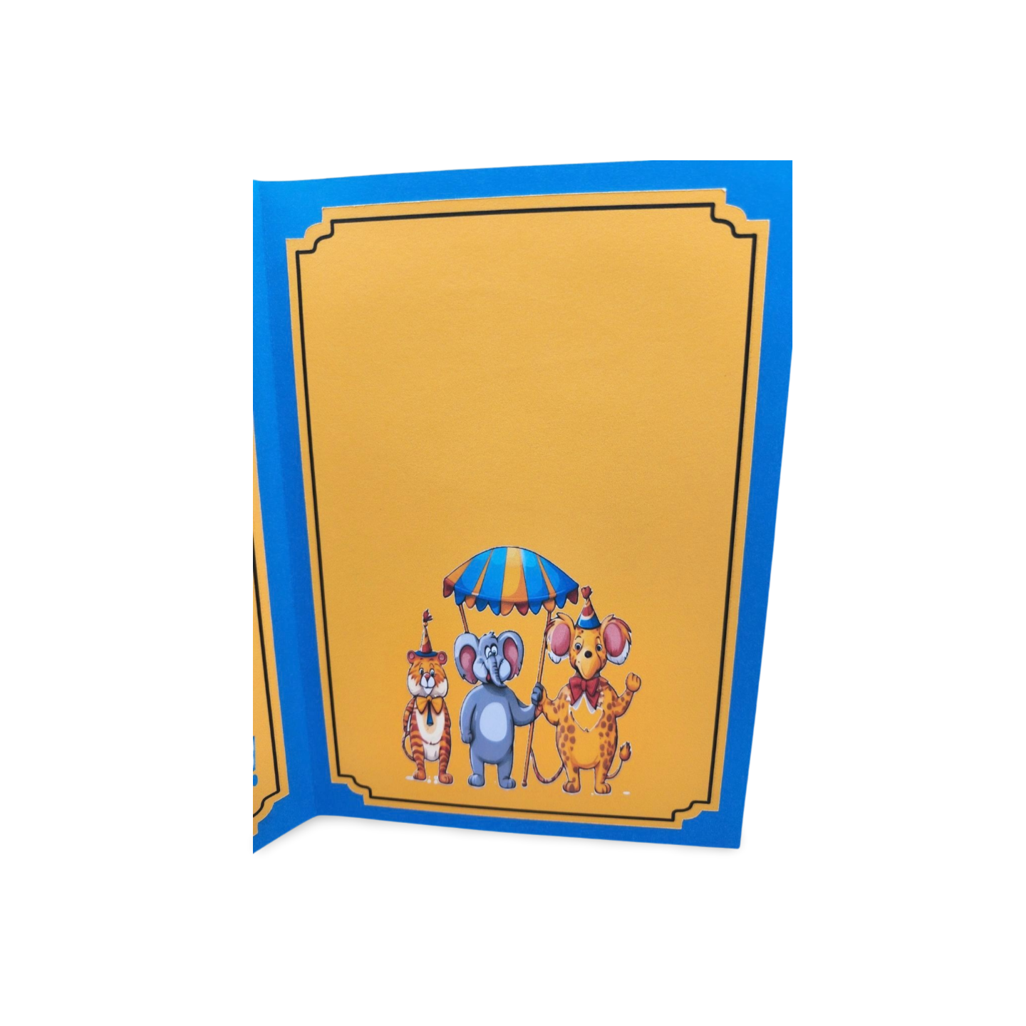 Card with cartoon characters under an umbrella on a yellow background