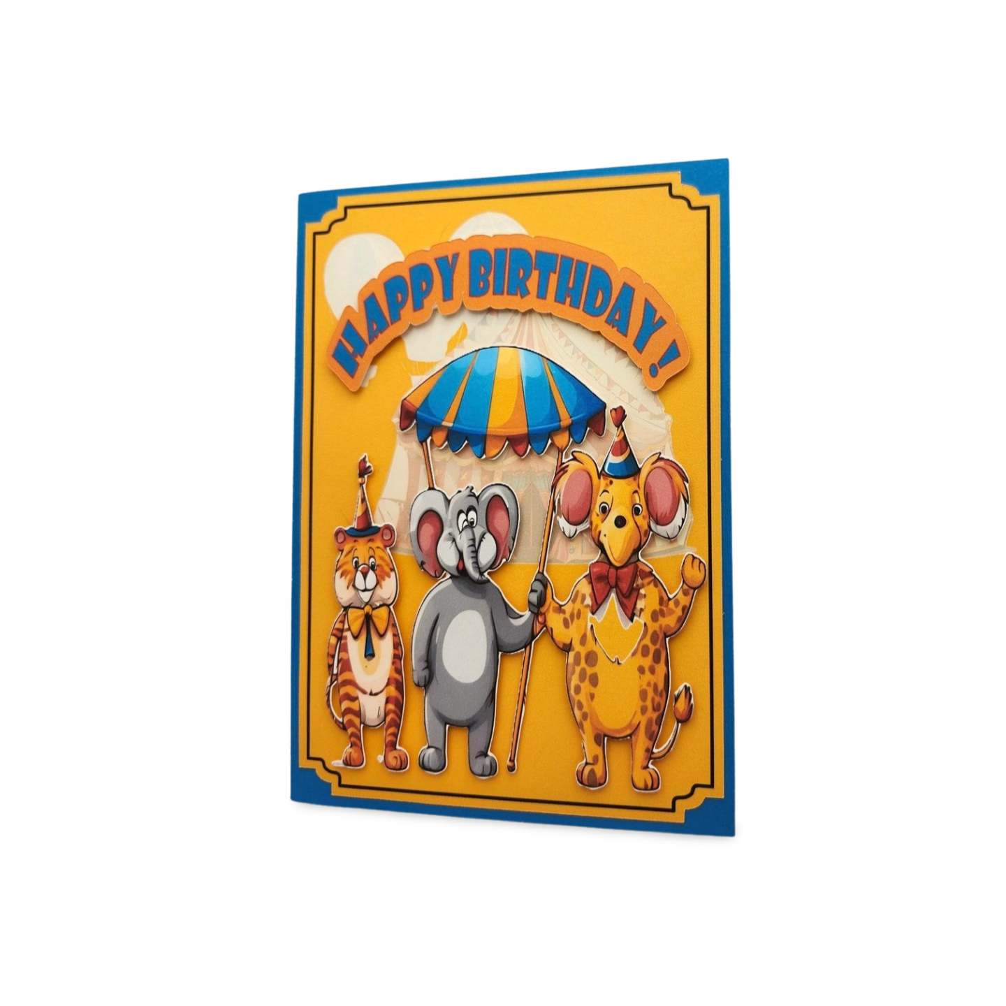 Birthday card with cartoon characters and 'Happy Birthday!' text on a yellow background