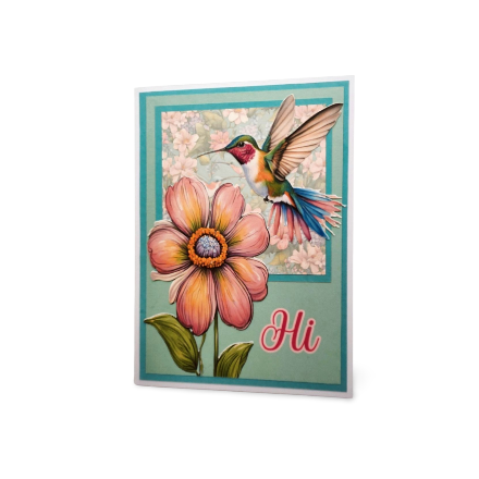Card with a colorful flower and hummingbird illustration, featuring the word 'Hi'.