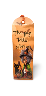 Halloween-themed bookmark with witch design and text on an orange background