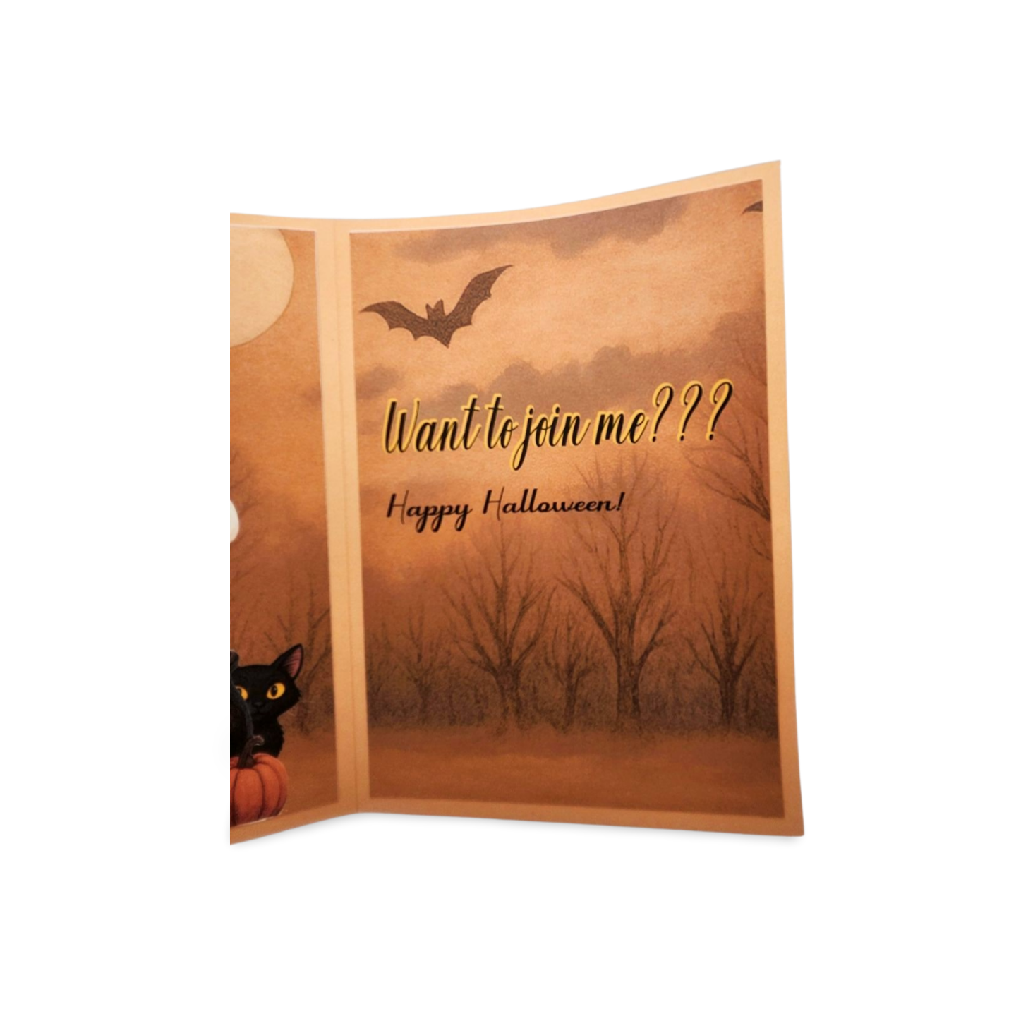 Halloween-themed card with a black cat, pumpkin, and bat on a brown background.