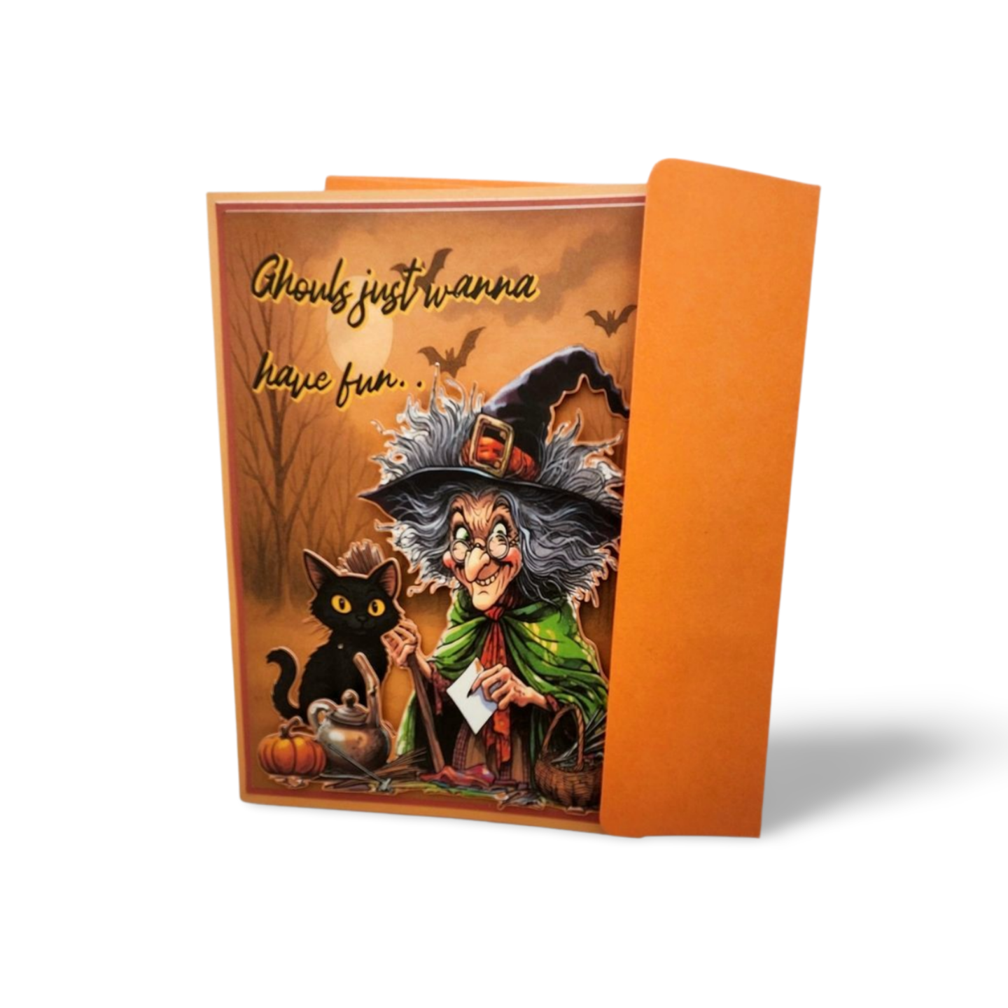 Halloween-themed greeting card with a witch and black cat design on an orange background.