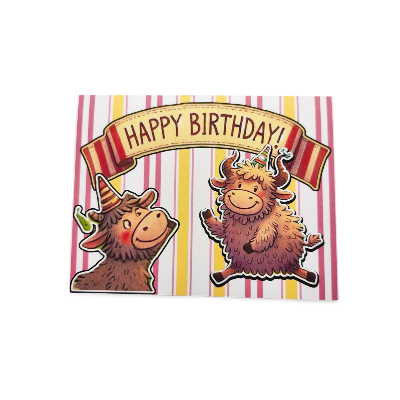 Birthday card with cartoon bulls and 'Happy Birthday!' text on a striped background
