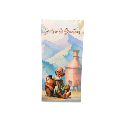 Product packaging with an illustration of a man and a copper still, set against a mountainous landscape with 'Secrets in the Mountains' text.