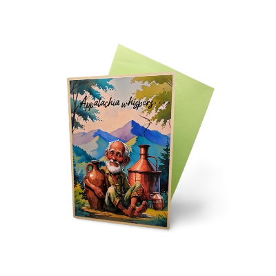 Greeting card with a mountain scene and a character holding jars, titled 'Appalachia Whispers'.