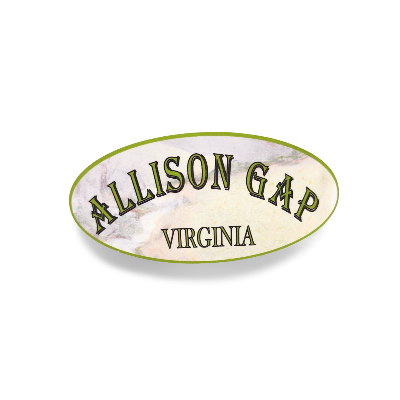 Oval-shaped sign with 'Allison Gap Virginia' text on a white background