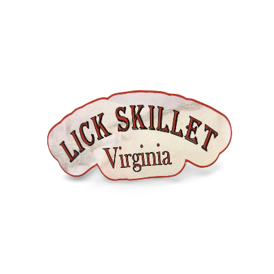 Decorative sign with 'Lick Skillet Virginia' text on a white background