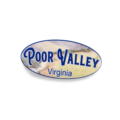 Oval-shaped sticker with 'Poor Valley Virginia' text on a scenic background