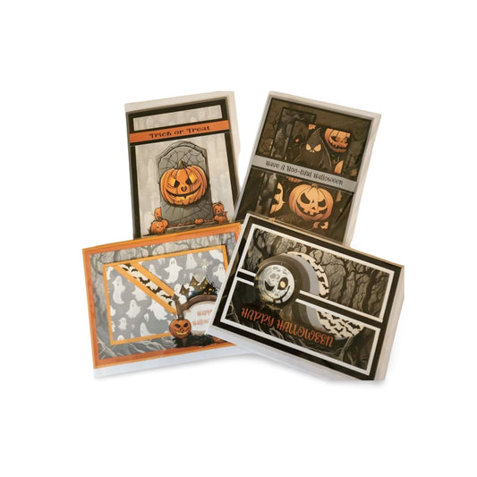 Set of Halloween-themed greeting cards with pumpkins and spooky designs on a white background.