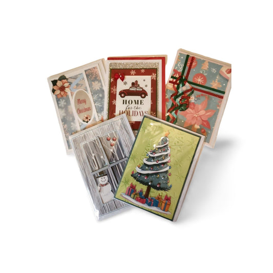 Set of Christmas-themed greeting cards on a white background
