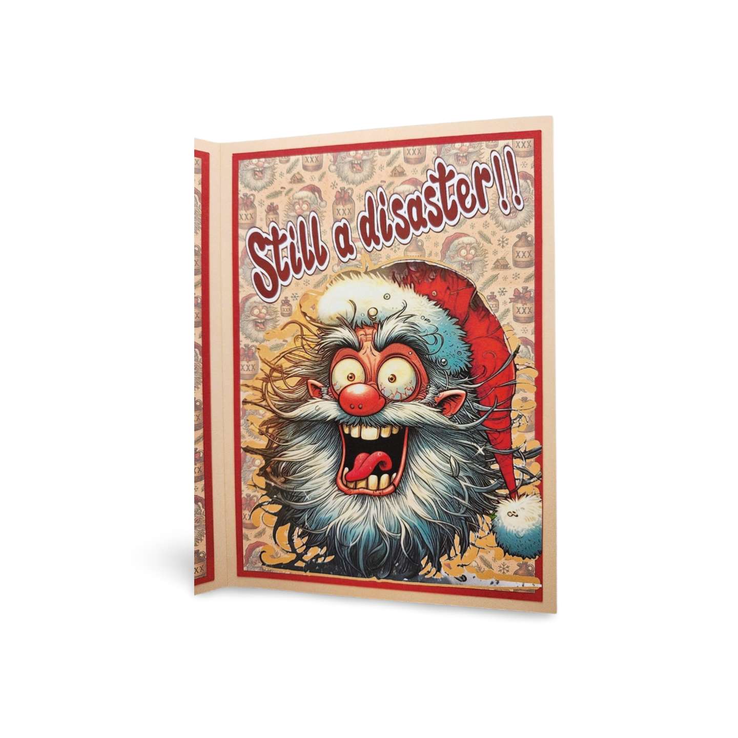 Card with a cartoon character and text 'Still a disaster!!' on a decorative background