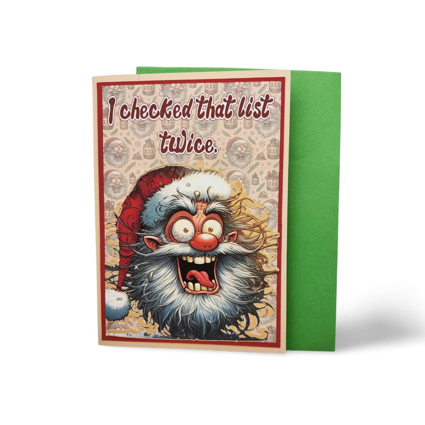 Greeting card with a cartoon character and text 'I checked that list twice.' on a white background.