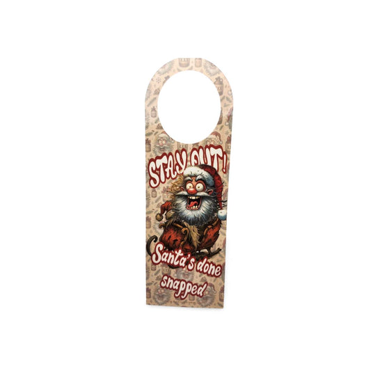 Door hanger with a cartoon Santa Claus and text on a white background