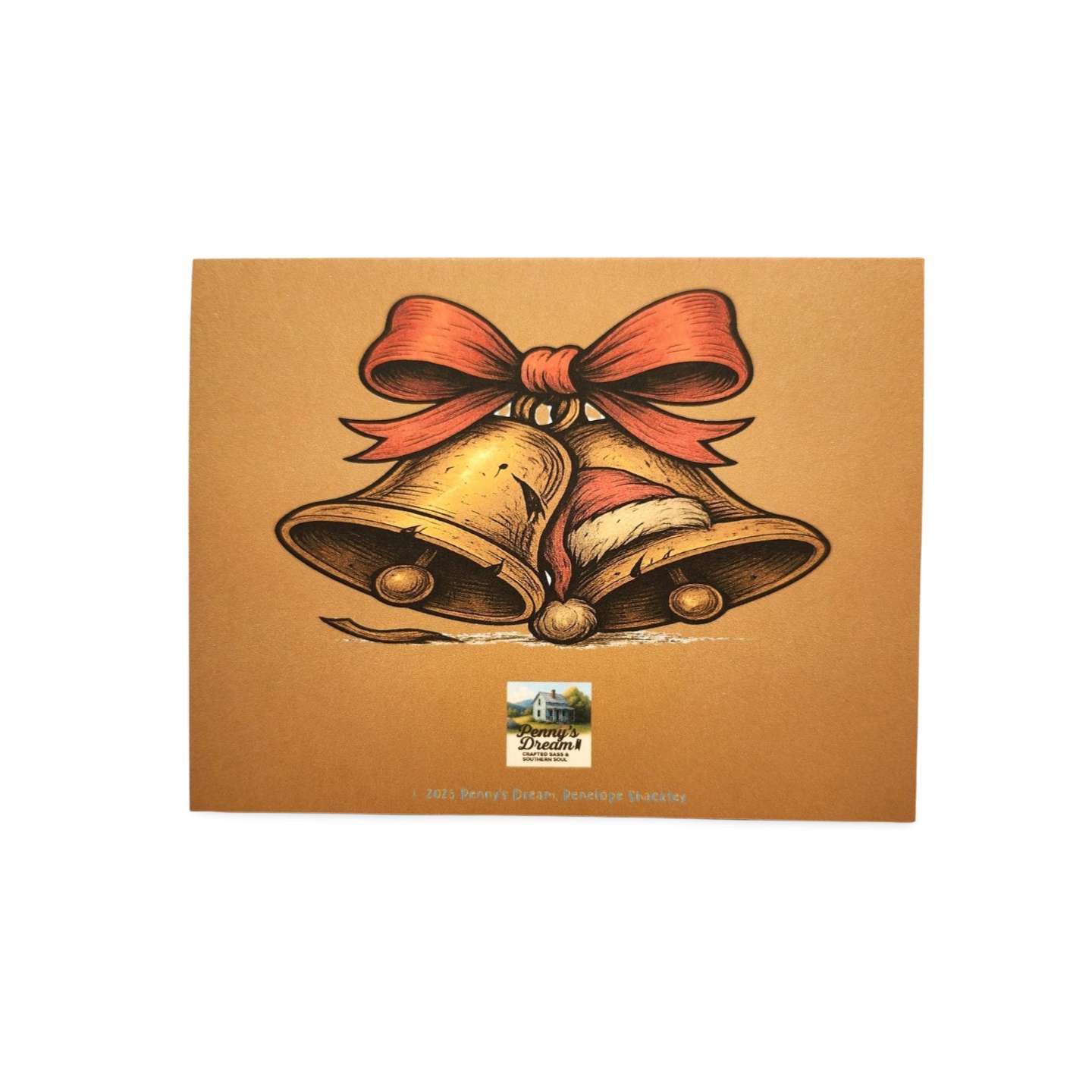 Card with illustration of bells and a bow on a brown background