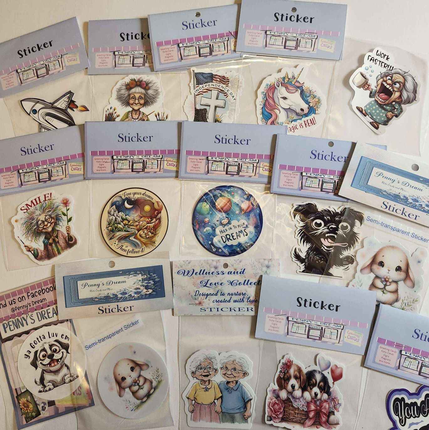 Collection of various stickers in packaging on a white background
