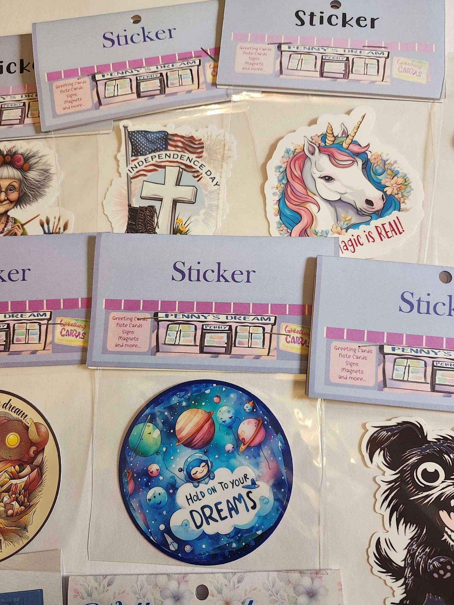 Collection of various stickers with different designs on a white background