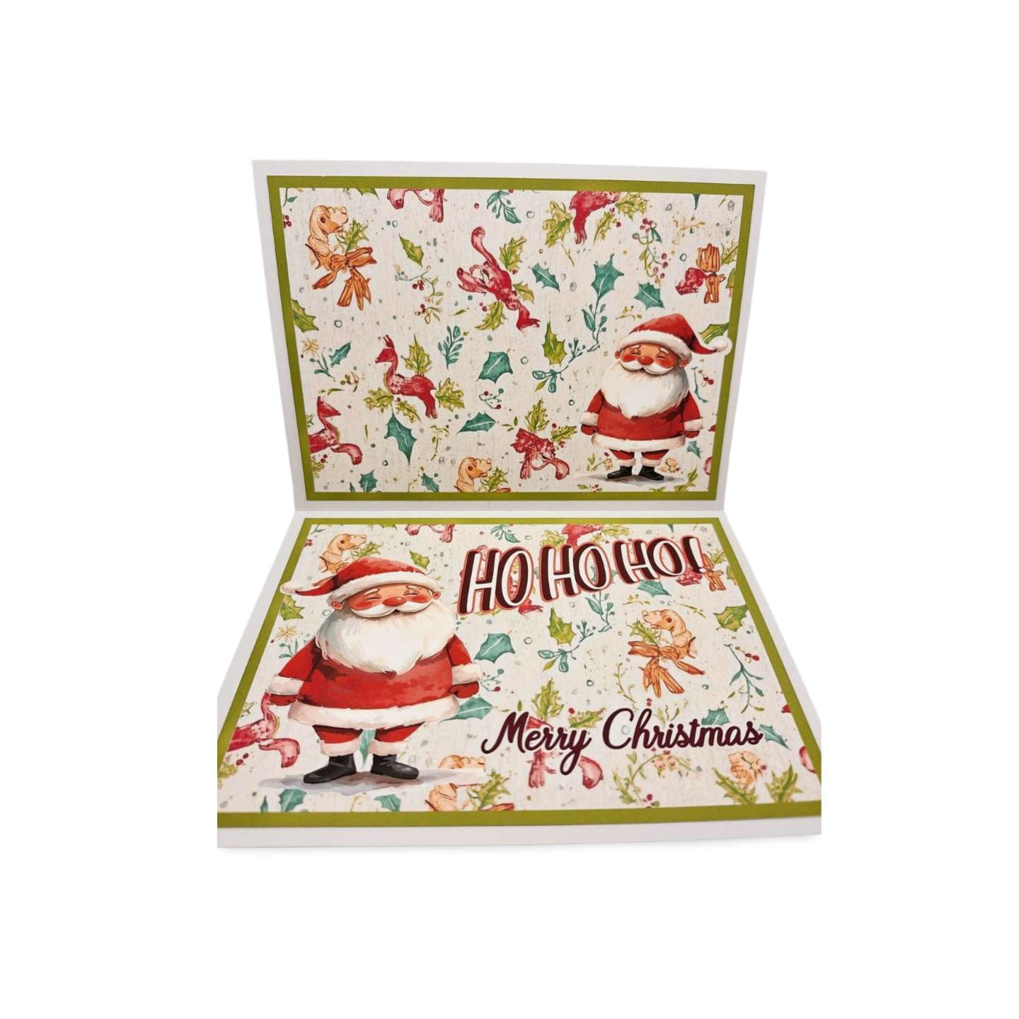 Christmas-themed card with Santa Claus and festive designs on a white background