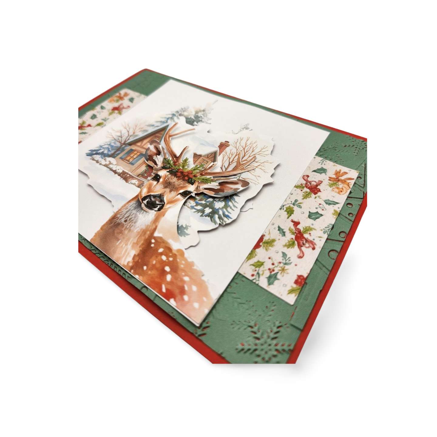 Hexagonal card with deer illustration and festive design on a white background