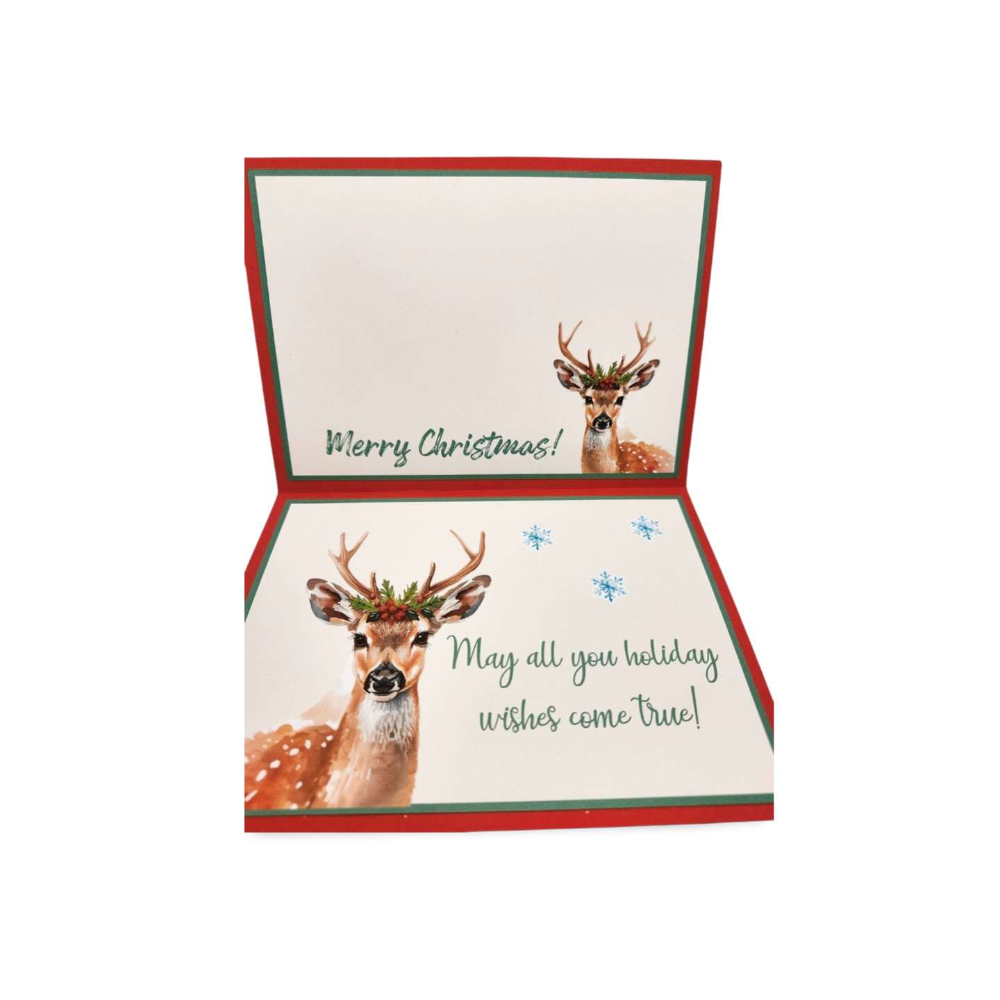 Christmas card with deer illustration and festive text on a white background