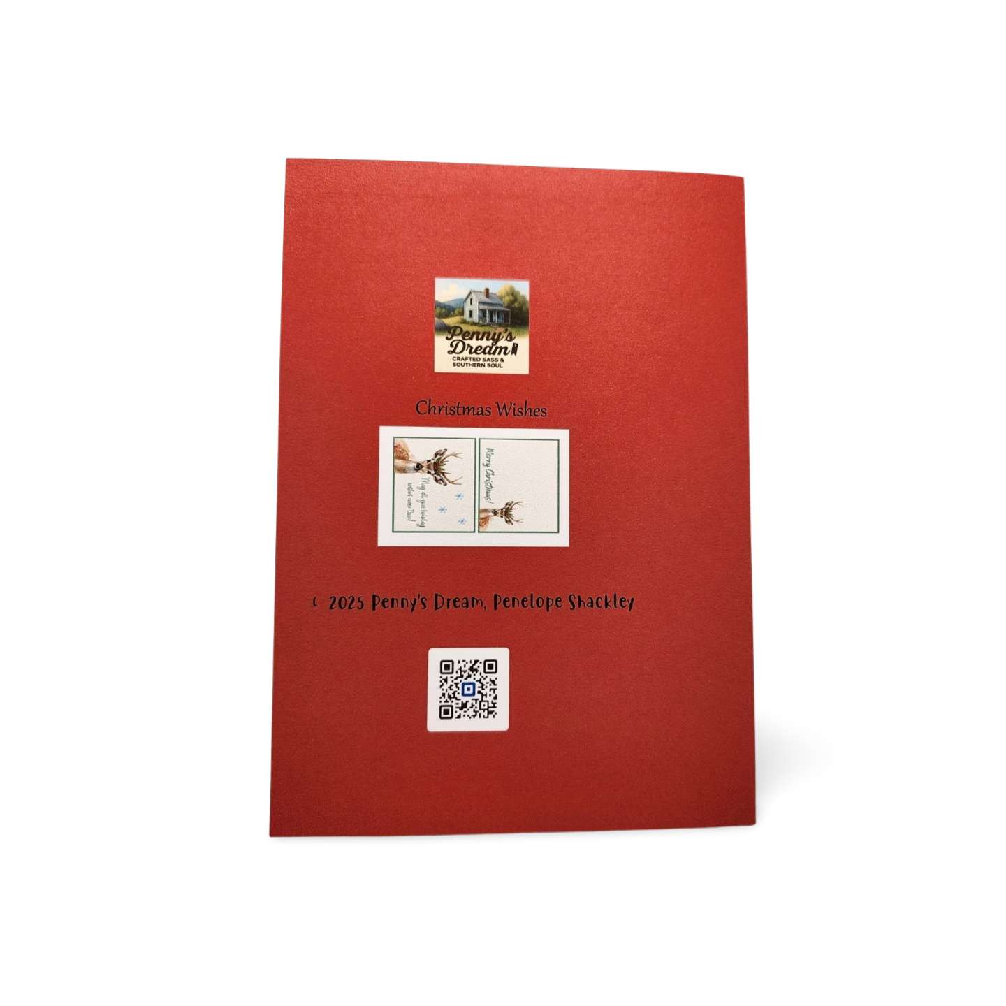 Red greeting card with printed images and text on a white background