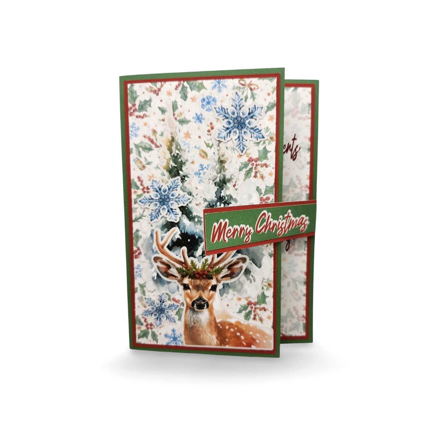 Christmas card with a deer and floral design on a white background