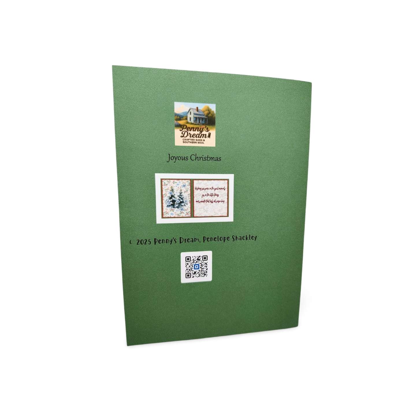 Green greeting card with printed design and text on a white background