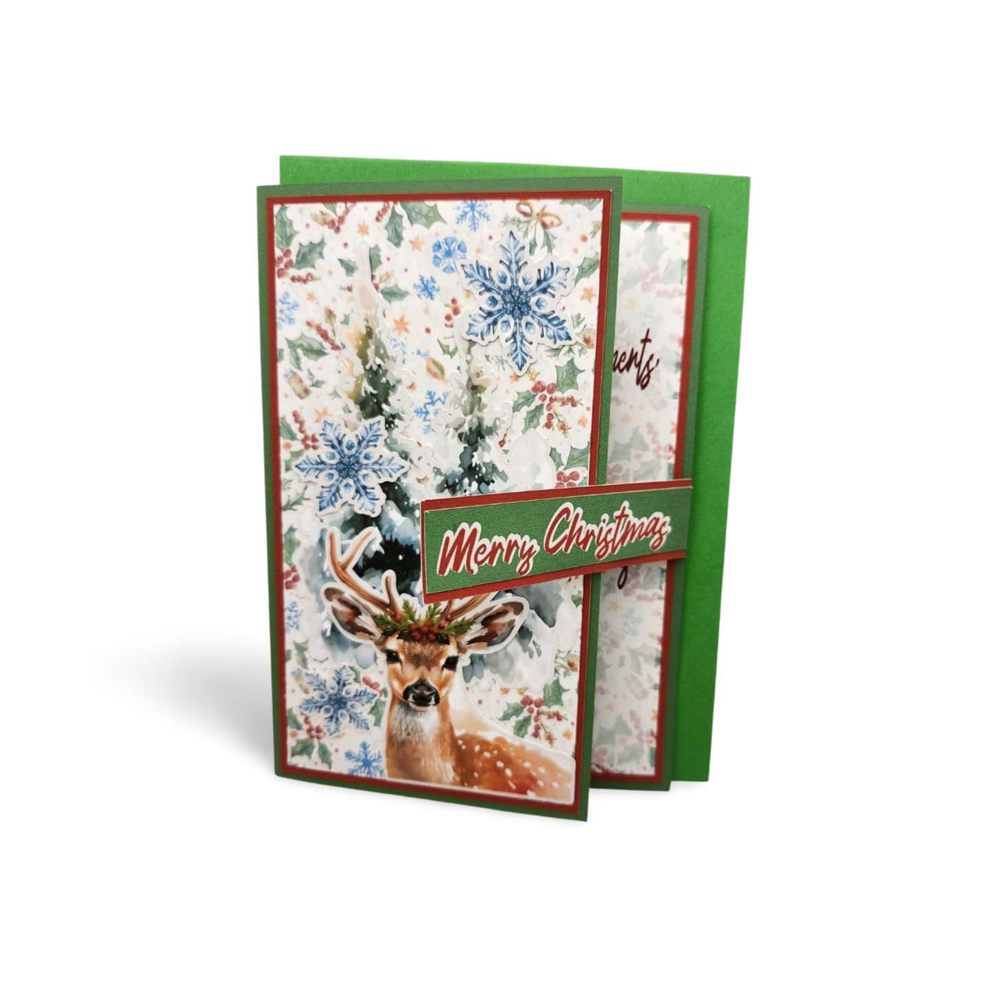 Christmas card with deer and floral design on a white background